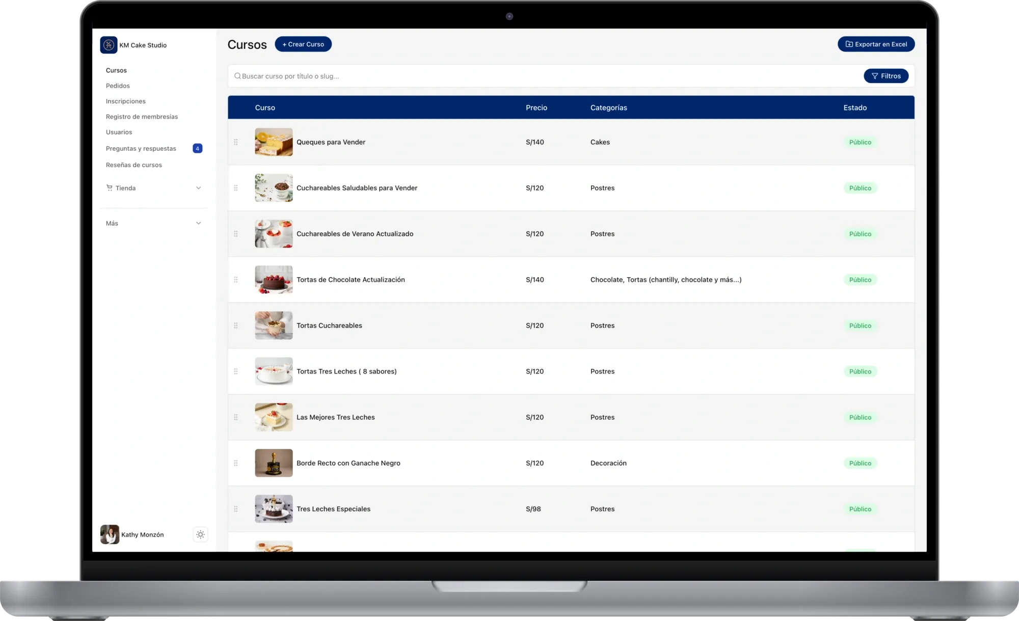 Kathy Monzón Cake Studio admin dashboard in light mode on MacBook Pro