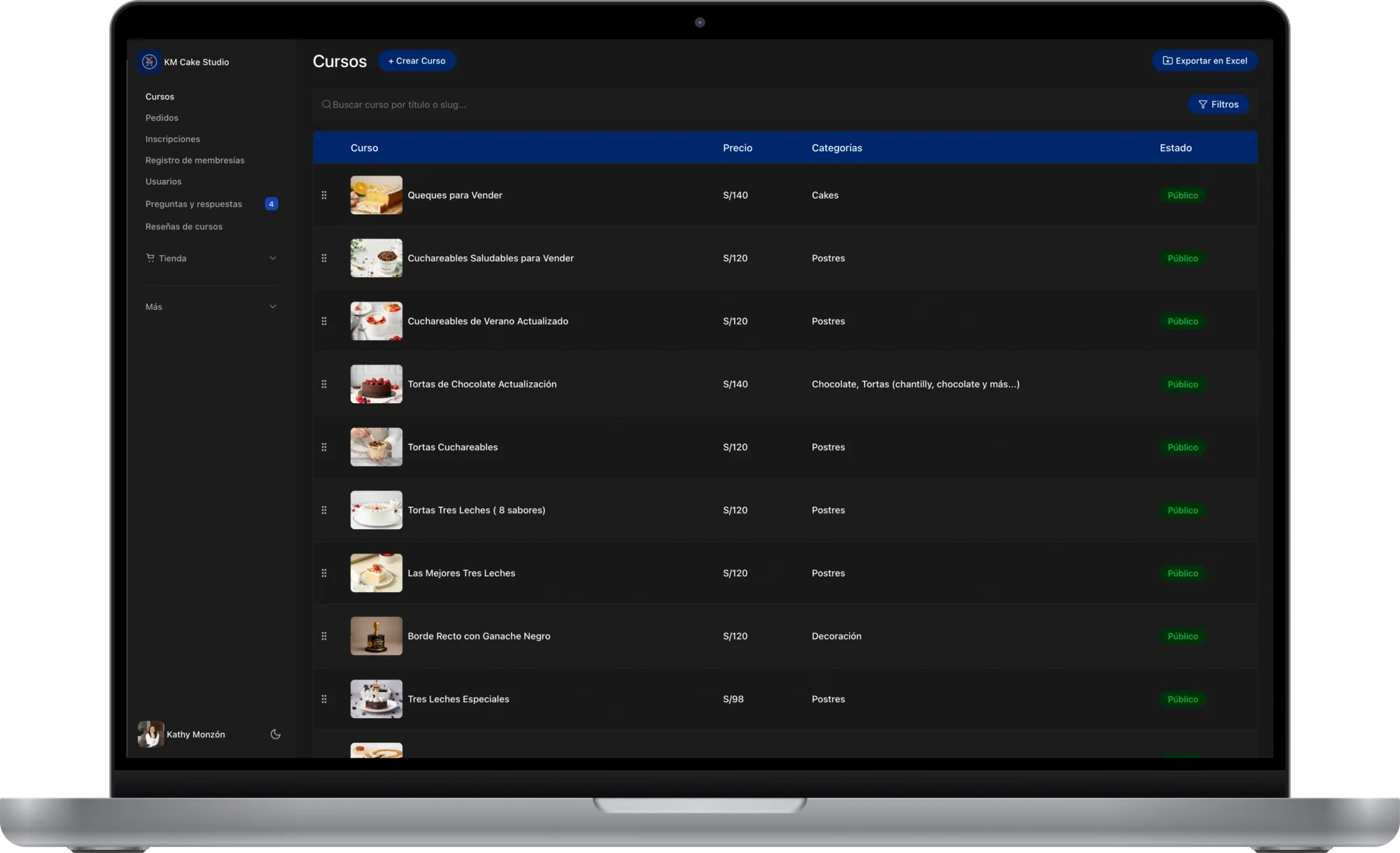 Kathy Monzón Cake Studio admin dashboard in dark mode on MacBook Pro
