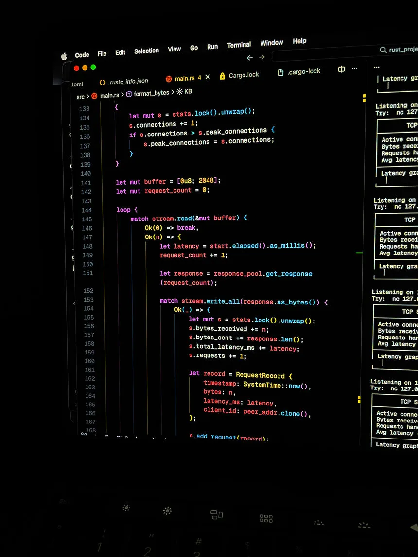 Code editor showing a Rust TCP server project