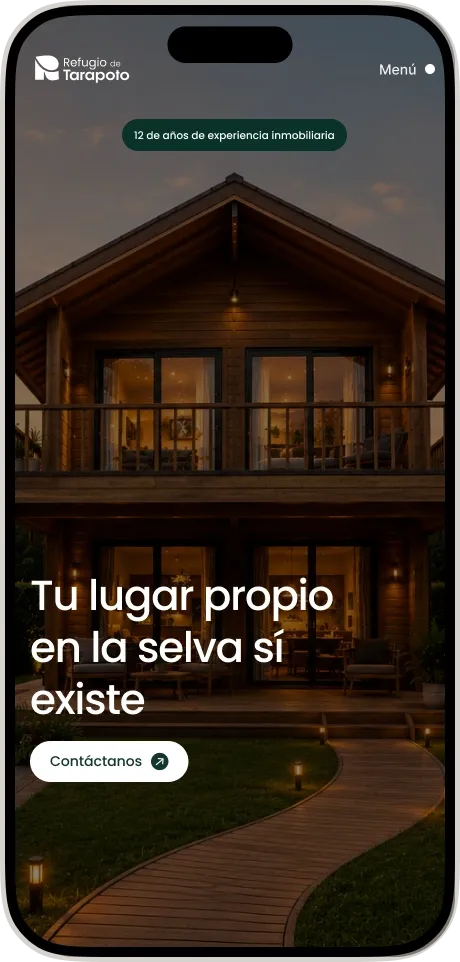 Refugio de Tarapoto landing page hero section on iPhone